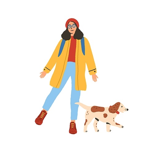 Young modern woman walking with her pet. Happy female person and dog isolated on white . People with domestic animal. Colorful hand drawn flat vector illustration.