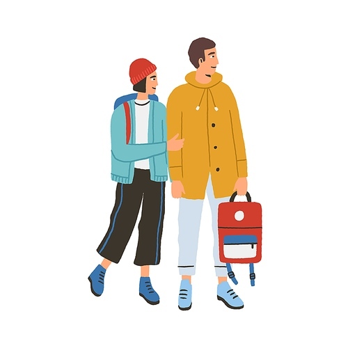 Young happy romantic couple during traveling. Modern man and woman in warm clothes with backpacks hiking together. Tourist characters isolated on white . Colorful flat vector illustration.