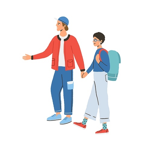 Young happy modern couple during traveling. Man showing and telling something to woman. Tourist characters hiking with backpacks. Flat vector illustration isolated on white .