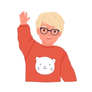 Little boy waving, smiling and saying hi or bye. Scandinavian child in eyewear gesturing with hand. Portrait of happy kid. Colored flat vector illustration of preschooler isolated on white.