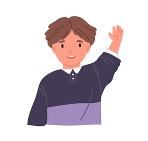Smiling child waving with hand and saying hi. Portrait of boy with happy face greeting smb. Little kid from kindergarten or elementary school. Flat vector illustration of schoolboy isolated on white.