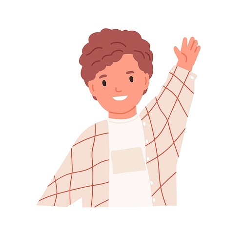 Happy little boy waving with hand, gesturing hi. Smiling child greeting smb. Portrait of curly-haired kid. Colored flat vector illustration of elementary student isolated on white .
