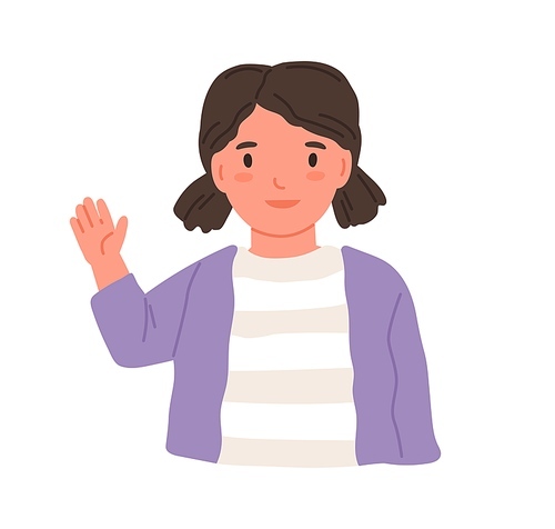 Little girl waving with hand and saying hi or bye. Smiling child greeting smb. Portrait of kid from kindergarten or preschool. Hello gesture. Flat vector illustration of schoolgirl isolated on white.