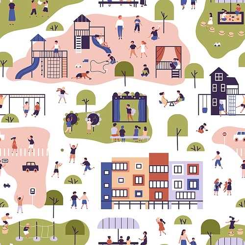 Children spending time at kindergarten seamless pattern. Funny kids and parents enjoying outdoor activities, walking, playing at playground and communicating to each other vector flat illustration.