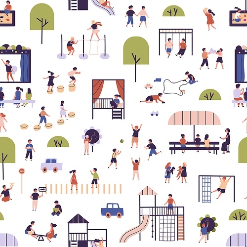 Seamless pattern with kids at modern kindergarten playground. Children having outdoor activities, playing games, walking, communicating and listening teacher. Flat vector illustration on white.
