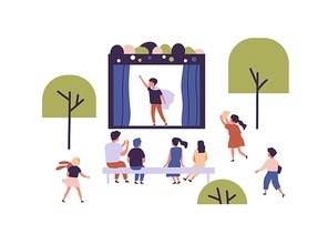 Children street amateur theater with actor performing play in front of audience. Outdoor theatrical performance at kids' theatre. Childish open air event. Flat vector illustration on white background.