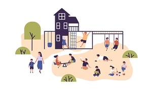 Crowd of happy children spending time at outdoor playground vector flat illustration. Kids playing with toys in sandbox, swinging, having fun at playhouse and communicating to each other isolated.