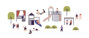 Children having fun enjoying outdoor activities vector flat illustration. Happy boys and girls playing games together, walking, swinging and communicating isolated. Kids spending time at playground.