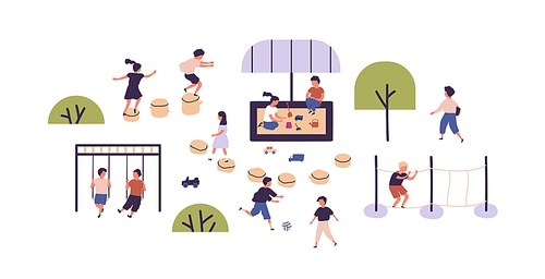 Kids playing games at modern playground in kindergarten. Children having outdoor activities. Boys and girls spending time together outside. Flat vector illustration on white background.