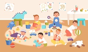 Happy cute kid playing with different toys and cubes at kindergarten interior vector flat illustration. Smiling boys and girls spending time at children playroom. Joyful babies at day nursery.