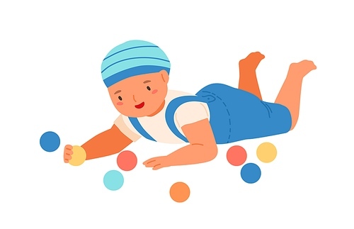 Baby boy lying and playing with colorful bright balls. Cute toddler having fun with toys. Scene of childish game or activity. Flat vector cartoon illustration isolated on white .