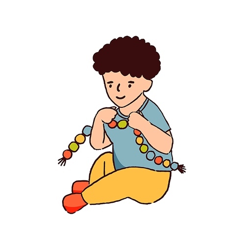 Little child playing with toy for motor skills development. Toddler sitting and holding beads plaything. Flat vector cartoon illustration isolated on white.