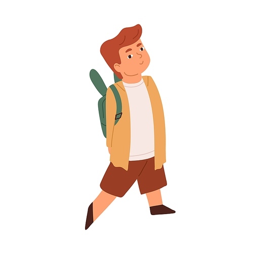 Cute little smiling boy walking with backpack. Funny adorable kid isolated on white . Colored flat vector illustration of happy redhead schoolboy or preschooler.