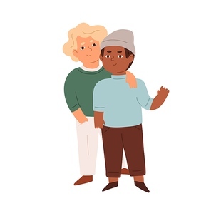 Portrait of little boys. Couple of happy multiracial friends standing and hugging. Colored flat vector illustration of cute children or schoolboys isolated on white background.