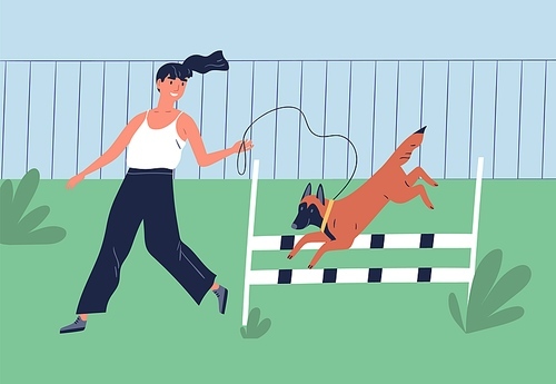 Female owner perform or training dog outdoors at playground. Woman trainer or cynologist with purebred puppy in park. Flat vector cartoon illustration of shepherd jumping across barrier.