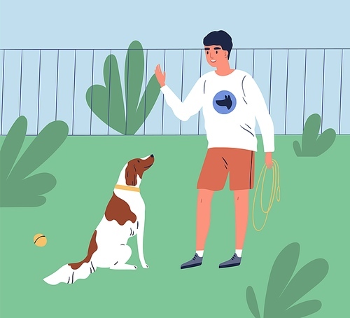 Male owner training his dog to command sit. Trainer teach obedient purebred spaniel in park. Cheerful man or cynologist with puppy on the playground. Flat vector cartoon illustration of trained pet.
