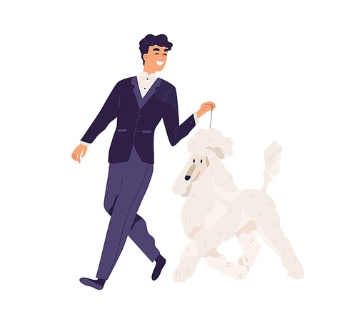 Happy smiling man in elegant formal suit walking with dog. Pet owner leading his Royal Poodle on leash. Person and purebred doggy. Colored flat vector illustration isolated on white .