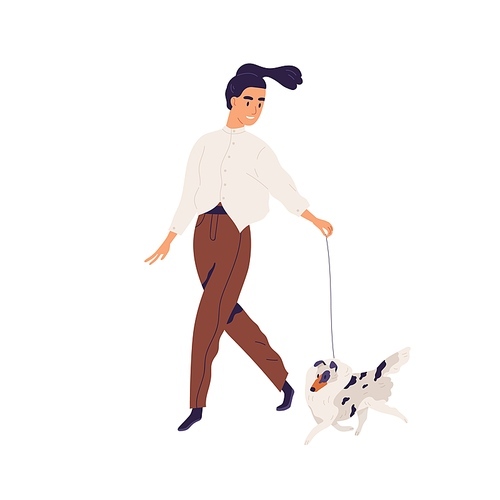 Happy young woman walking with purebred small dog. Pet owner leading her Shetland doggy on leash. Female character and sweet little Sheltie. Colored flat vector illustration isolated on white.