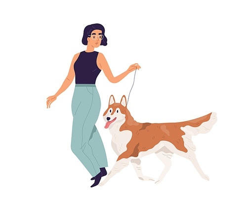 Happy young woman walking with dog. Pet owner leading her Akita-Inu doggy on leash. Female character and purebred Alaskan Malamute. Colored flat vector illustration isolated on white .
