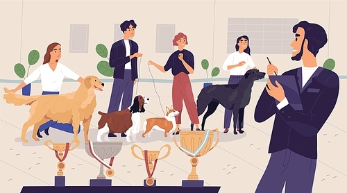 Scene with happy pet owners and dogs waiting for announcement and rewarding of competition winners. Awards of canine contest. Colored flat graphic vector illustration of awarding ceremony.