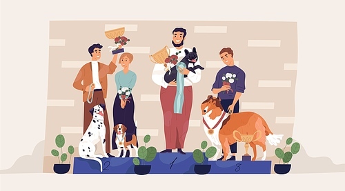 Winners of dog contest standing on pedestal with their owners, holding golden cups and medals. Champions with awards on podium. Leaders of pet competition. Colored flat graphic vector illustration.
