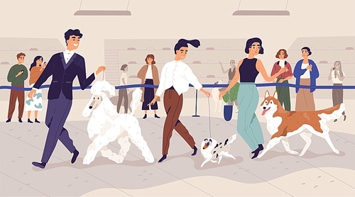 Happy pet owners presenting their cute doggies at dog show. People leading obedient animals at breed exhibition. Colored flat vector illustration of canine contest, championship or competition.