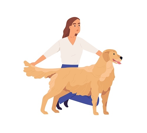 Person presenting golden Retriever. Young woman showing her dog. Doggy standing with tongue hanging out and its owner. Flat vector illustration of human with pet isolated on white .