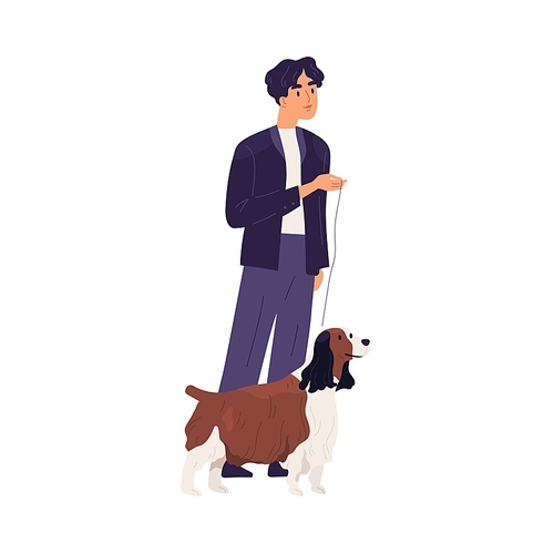Smiling pet owner standing with his small shaggy dog on leash. Man and doggy of Springer Spaniel breed. Colored flat vector illustration of man and cute puppy isolated on white .