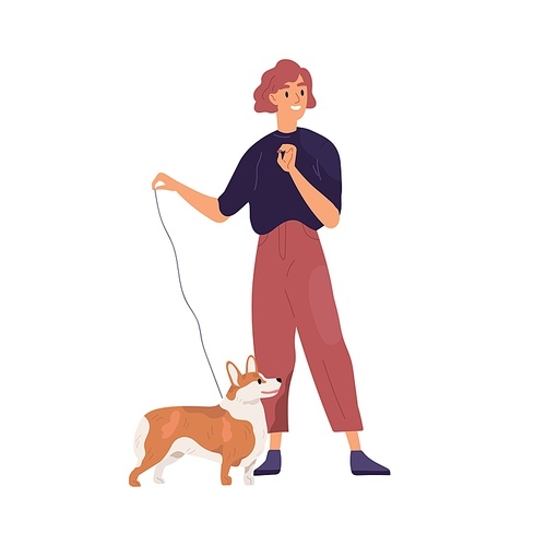 Happy pet owner standing with her small dog on leash. Young woman and short-legged doggy of Corgi breed. Flat vector illustration of female character and cute puppy isolated on white .