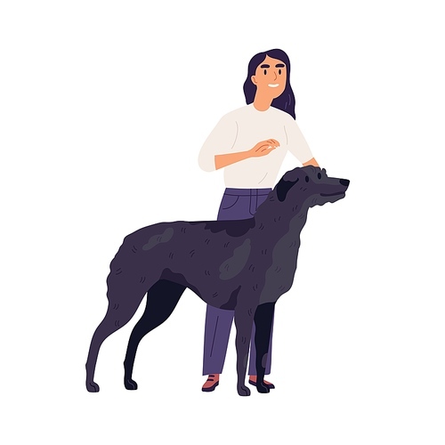 Irish Wolfhound with its owner. Happy person standing with tall black dog. Female doggy trainer and her wolf hound. Flat vector illustration of woman and watchdog isolated on white .