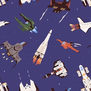 Seamless pattern with spaceships and rockets in space. Endless repeatable background with flying missiles and spacecrafts. Colored flat vector illustration of printable texture with galaxy shuttles.
