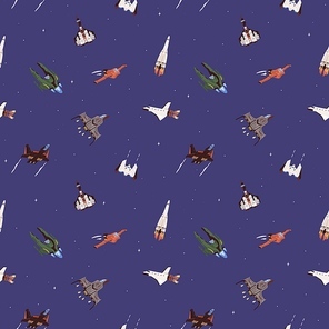 Seamless cosmic pattern with spaceships and rockets in outer space. Endless sky background with spacecraft and futuristic shuttles. Colored flat cartoon vector illustration of printable texture.