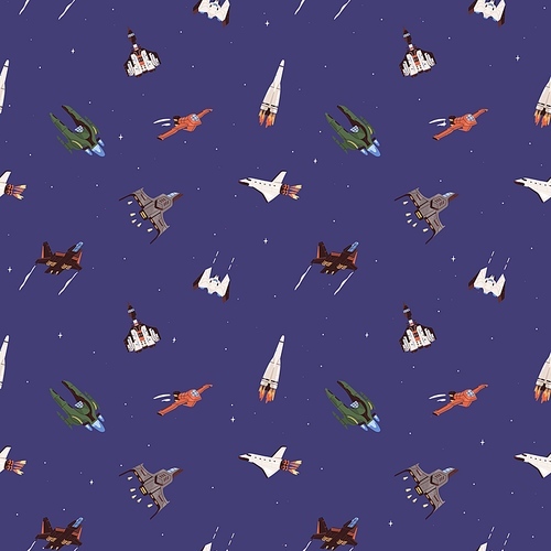 Seamless cosmic pattern with spaceships and rockets in outer space. Endless sky background with spacecraft and futuristic shuttles. Colored flat cartoon vector illustration of printable texture.