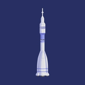 Isolated rocket flying in outer space. Futuristic rocketship or spaceship. Cosmos flight of intergalactic shuttle. Colored flat textured vector illustration of cosmic transport.