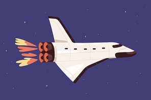 Intergalactic spaceship flying in outer space. Spacecraft flight in sky. Galactic shuttle traveling among stars. Spaceflight of futuristic rocketship. Colored flat vector illustration.