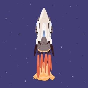 Rocket launch with fire flames from engine. Spaceship flying up in outer space. Cosmic shuttle takeoff and flight. Startup concept. Colored flat vector illustration of intergalactic missile.