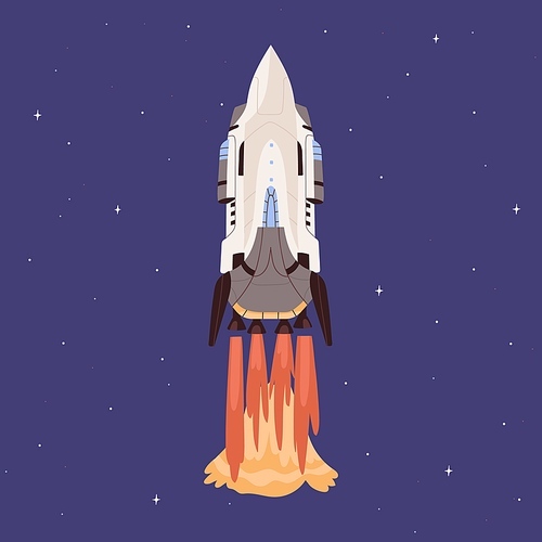 Rocket launch with fire flames from engine. Spaceship flying up in outer space. Cosmic shuttle takeoff and flight. Startup concept. Colored flat vector illustration of intergalactic missile.