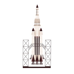 Rocket ready to launch, standing at station. Rocketship before takeoff. Colored flat vector illustration of space shuttle isolated on white .