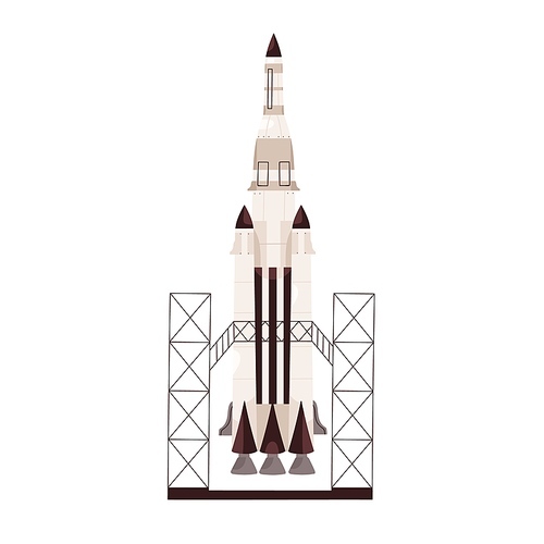 Rocket ready to launch, standing at station. Rocketship before takeoff. Colored flat vector illustration of space shuttle isolated on white .
