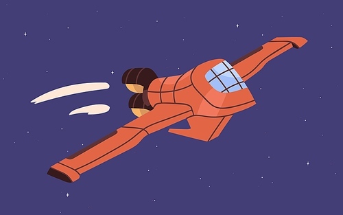Spaceship flying in sky. Intergalactic Spacecraft flight in outer space. Fantasy cosmic shuttle in cosmos. Colored flat vector illustration of spaceflight or spacewalk in universe.