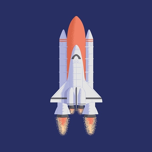 Spaceship flying up with fuel fire flames from engine. Spacecraft traveling in outer space. Cosmic shuttle flight. Colored flat textured vector illustration of intergalactic jet spacewalk.