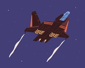 Intergalactic spaceship flying in outer space. Spacecraft flight on sky background. Spaceflight of cosmic shuttle. Colored flat vector illustration of spacewalk in universe.