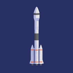 Isolated rocket flying in stratosphere. Futuristic rocketship or spaceship during universe traveling. Flight of intergalactic cosmic shuttle. Colored flat vector illustration of space transport.