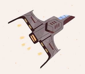 Futuristic spaceship with fire flames flying in outer space. Flight of fantasy intergalactic spacecraft. Spaceflight of cosmic shuttle. Colored flat vector illustration of spacewalk in cosmos.