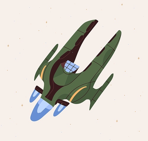 Futuristic fantasy spacecraft flying in outer space. Flight of intergalactic spaceship. Spaceflight of cosmic shuttle. Colored flat cartoon vector illustration of UFO spacewalk in cosmos.