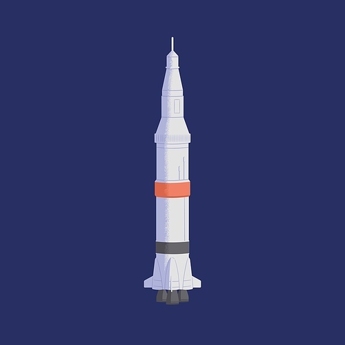 Isolated rocket flying up. Futuristic rocketship or spaceship during space travel. Flight of intergalactic shuttle. Spaceflight of spacecraft. Colored flat vector illustration of interstellar.