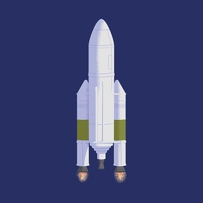 Intergalactic rocket launch. Rocketship flying in outer space. Cosmos flight of galactic shuttle or spaceship. Colored flat vector illustration of spacecraft with fire flames from engine.
