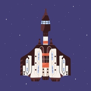 Top view of spaceship flying in outer space. Futuristic spacecraft on starry sky background. Cosmos flight of intergalactic shuttle. Colored flat vector illustration of cosmic transport.