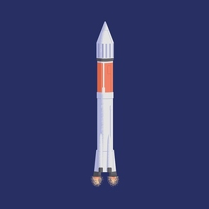 Isolated rocket flying in space. Futuristic intergalactic rocketship in cosmos. Flight of cosmic shuttle or spaceship. Spaceflight of spacecraft. Colored flat vector illustration.