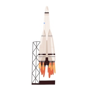 Rocket shuttle takeoff. Rocketship blasting off from spaceport. Spaceship launch to outer space or cosmos. Flat vector illustration of cosmic intergalactic missile isolated on white background.